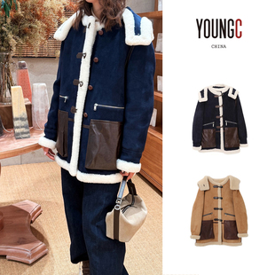 no退可换 设计师品牌 IMMI 绒面皮拼羊羔毛连帽羽绒大衣