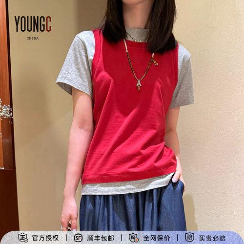 对倒设计师假两件T恤背心女