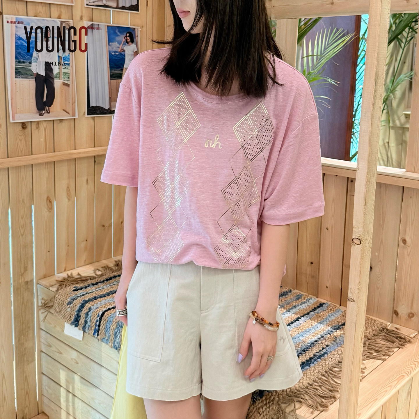 【官方授权】亚麻金色印花短袖女图片