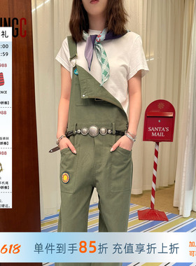 SHORT SENTENCE短句 军绿色休闲棉质水洗直筒长裤背带裤女 YOUNGC