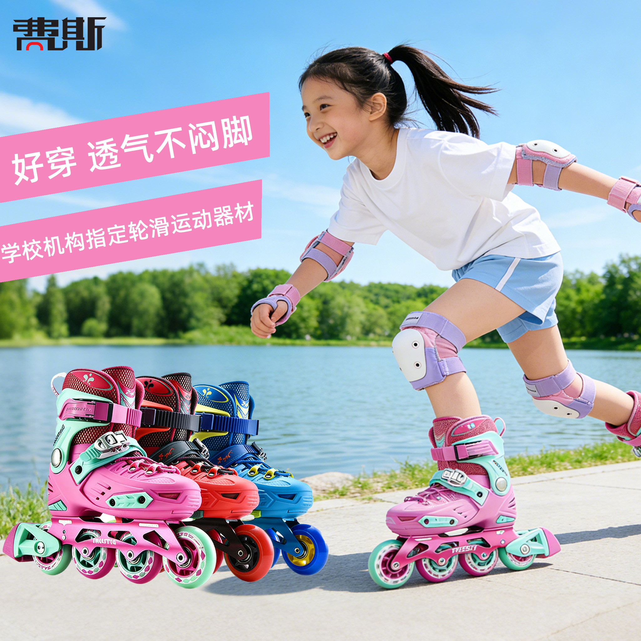 费斯轮滑鞋儿童女3-12岁初学者平花鞋男溜冰鞋初学者可调直排轮E2