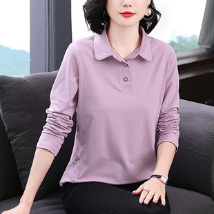 t恤女中老年宽松翻领上衣服 秋衣外穿纯棉长袖 妈妈春秋装 2026新款