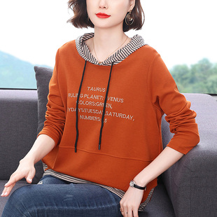 上衣中老年妈妈纯棉长袖 宽松大码 T恤女 2026新款 连帽卫衣女春秋装