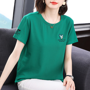 新款 t恤女中老年休闲大码 2025夏装 妈妈纯棉短袖 绣花上衣 半袖 小衫