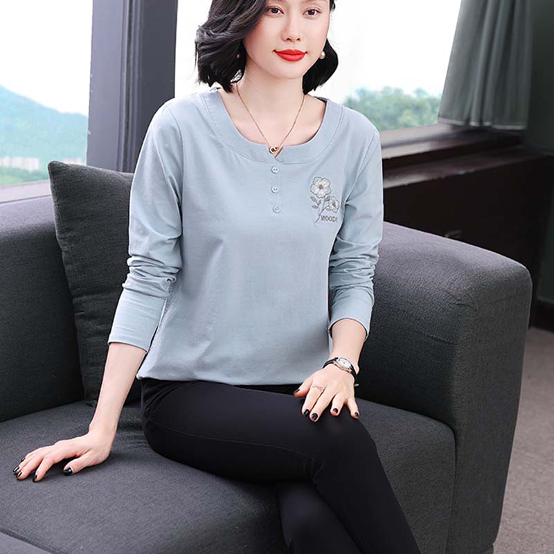 不起球不褪色妈妈纯棉长袖上衣女