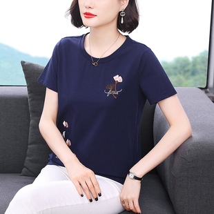 2025新款 t恤女中老年大码 妈妈夏装 纯棉短袖 遮肚休闲上衣 时尚 小衫