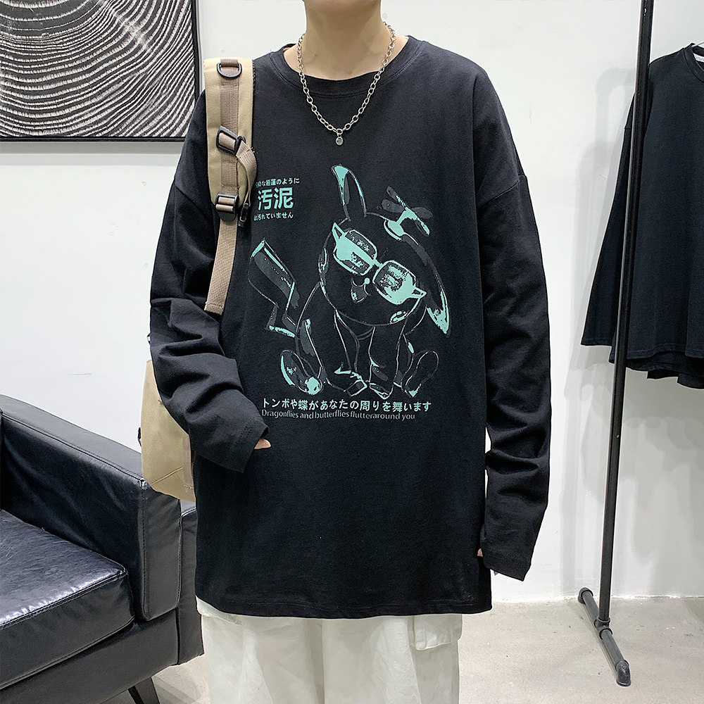 Hong Kong style new long sleeve fashion lovers T-shirt cartoon printing loose small fresh single wear