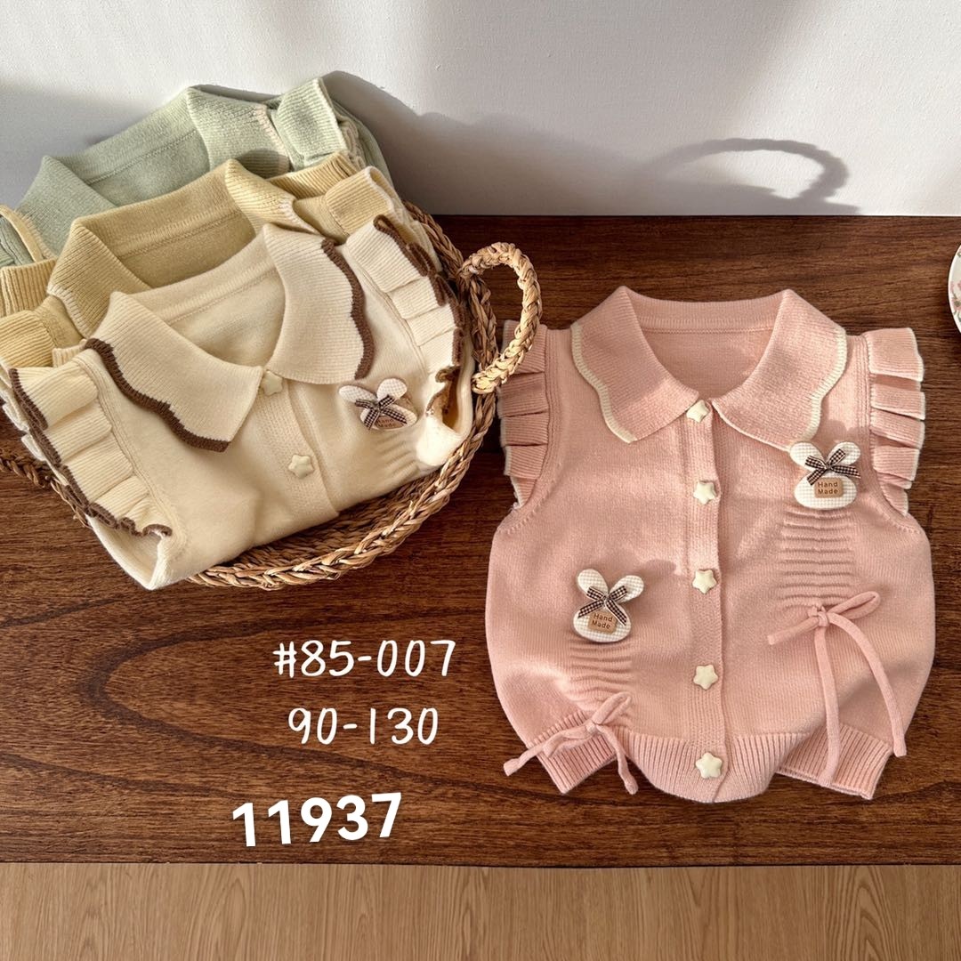女童毛衣背心2025新款立体卡通蝴蝶结开衫翻领针织马甲洋气
