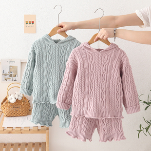 女童连帽毛衣针织衫外套上衣短裤套装秋冬季新款时髦洋气儿童装