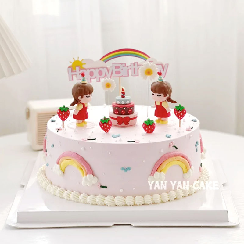 双胞胎儿童款蛋糕姐妹可爱裙子女孩小蛋糕摆件云朵彩虹插牌烘焙