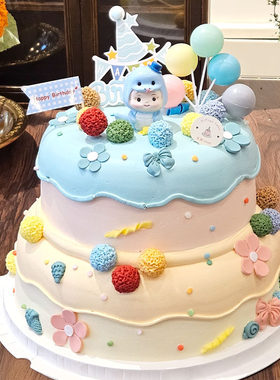 简约蓝色系小蛇周岁蛋糕双层浅色气球HBD插牌装饰烘焙用品摆件