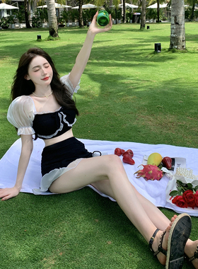 泳衣女分体裙式夏季新款保守遮肚显瘦黑色短袖平角两件套纯欲泳装
