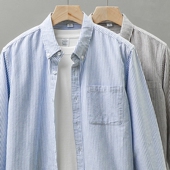 蓝色条纹牛津纺长袖 男高级垂感痞帅英伦雅痞休闲宽松衬衣外套 衬衫