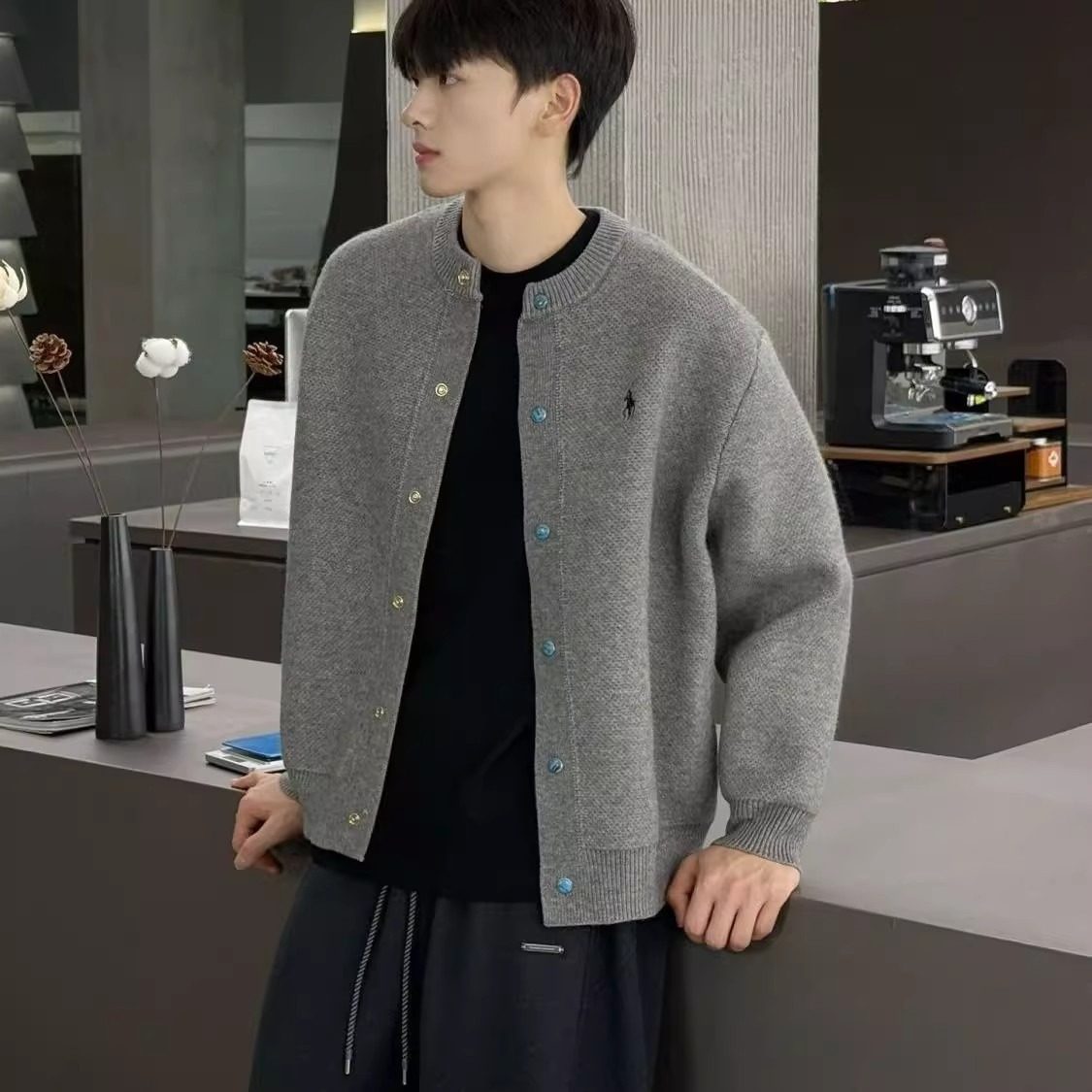 针织夹克男春秋季新款刺绣圆领