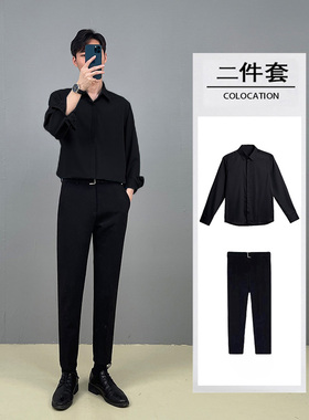 黑色衬衫男长袖高级感痞帅潮春秋轻熟风休闲套装痞帅白dk垂感衬衣
