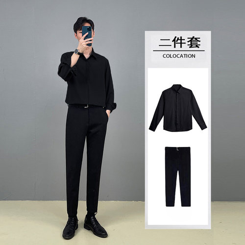 翻领长袖精致韩风衬衫搭配西裤