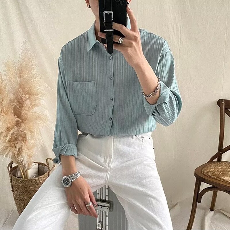 肌理感衬衫男慵懒风暗条纹衬衣男夏季蓝色防晒衣小众休闲寸衫