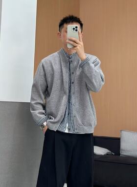 假两件圆领针织开衫男秋格子拼接