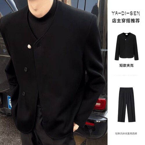 痞帅风男模外套小香风垫肩开春秋短款高级设计感小众无领正肩夹克