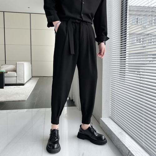 九分哈伦束脚休闲开叉裤子垂感