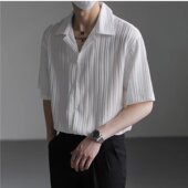潮牌宽松法式 夏日轻熟风冰丝垂感古巴领衬衫 男短袖 白色休闲衬衣男