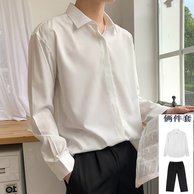 港风垂感冰丝衬衫男长袖宽松白色高级感春季薄款ins痞帅休闲衬衣_虎窝淘