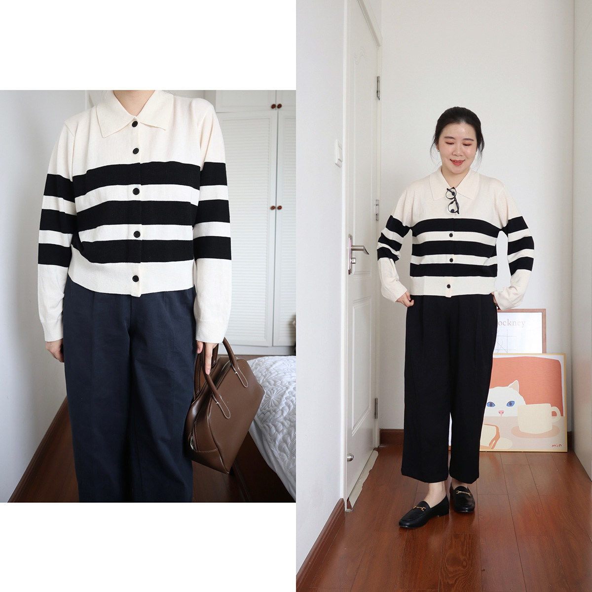 羊毛单排扣翻领开衫条纹针织衫