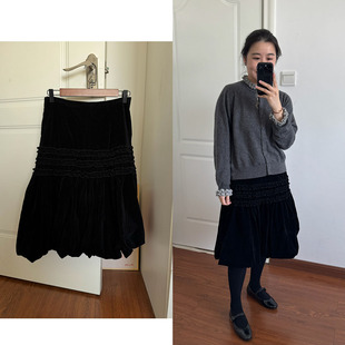 Decemberrush复古抽褶花边丝绒半身裙蛋糕裙及膝半裙中裙