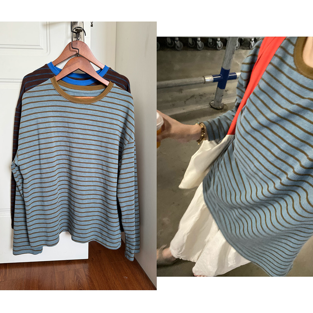 Decemberrush 秋冬美拉德撞色条纹针织打底T恤棉上衣