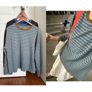 Decemberrush 秋冬美拉德撞色条纹针织打底T恤棉上衣