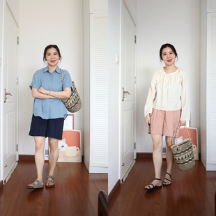 DecemberRush 百搭简约通勤休闲高腰A字阔腿高腰粉色显瘦短裤