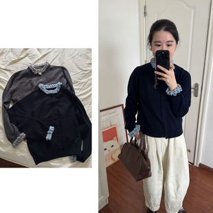 开衫 Decemberrush 浪漫气质简约撞色木耳边柔软细羊毛针织衫