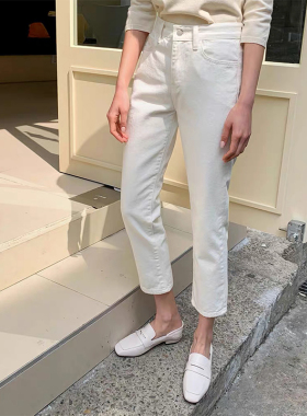 韩国白色高腰牛仔裤女2026夏季新款直筒宽松九分显瘦修身烟管裤子