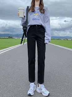 韩国黑色直筒牛仔裤女2026年秋季新款高腰宽松显瘦九分阔腿烟管裤