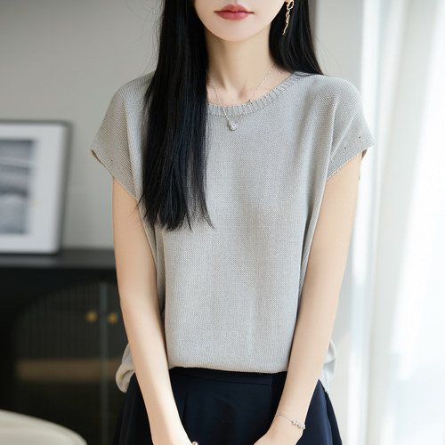 2026夏季新款天丝亚麻圆领飞袖T恤女针织衫凉感薄款宽松短袖上衣