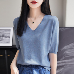 夏新款精纺羊毛V领中袖女亮丝针织衫薄款短袖t恤宽松短款半袖上衣