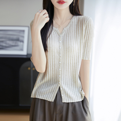 薄款天丝亚麻短袖针织开衫女圆领夏季新款坑条显瘦百搭上衣t恤