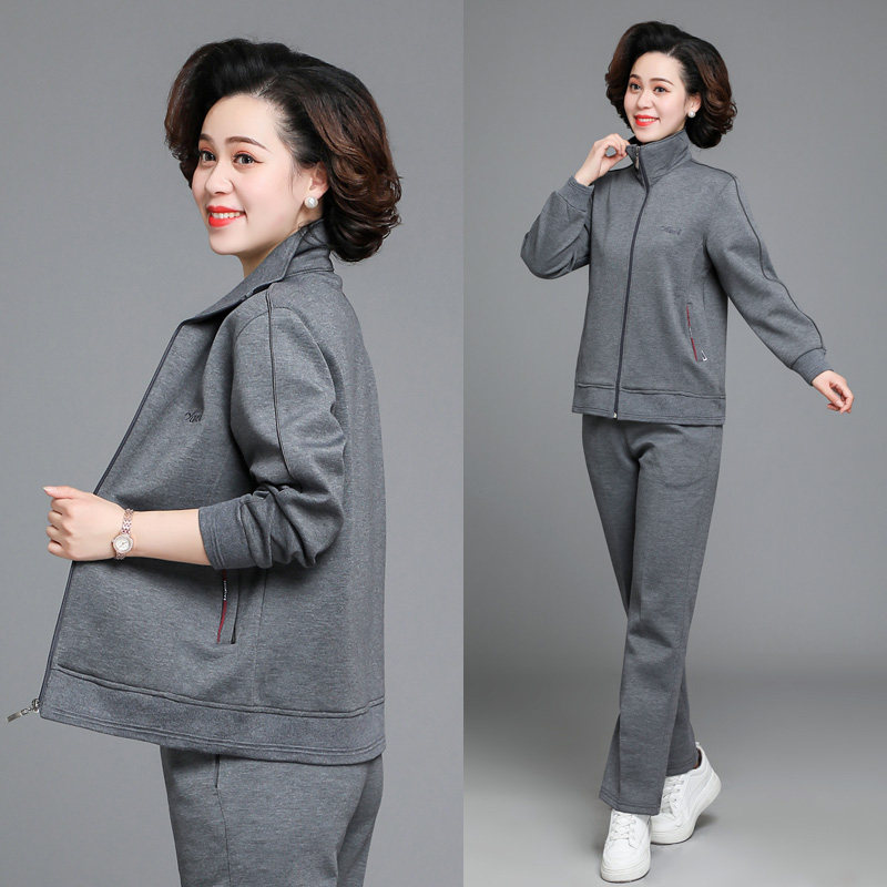 中老年女装妈妈运动服套装春秋新款外套加大码女士上衣红色两件套