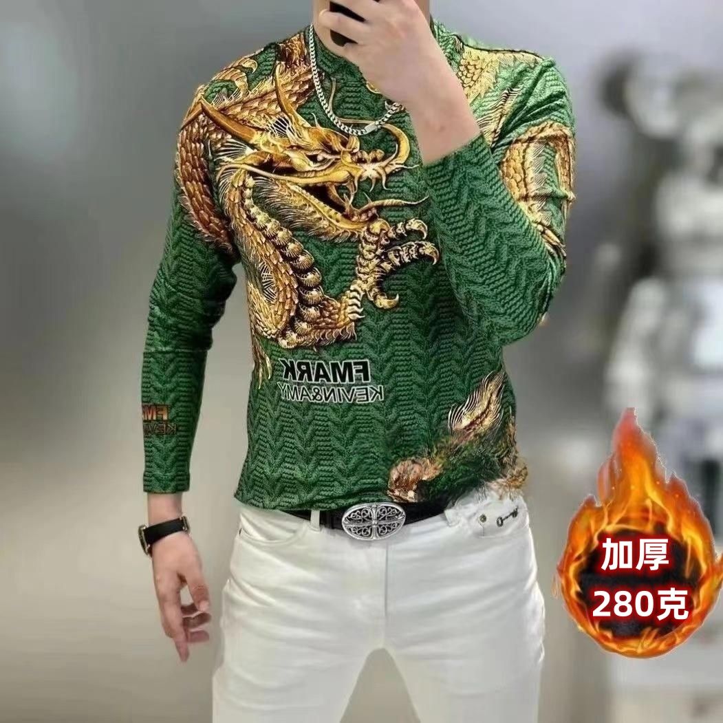 男士高档t恤秋冬新款时尚潮流休闲百搭轻奢霸气过肩金龙保暖卫衣