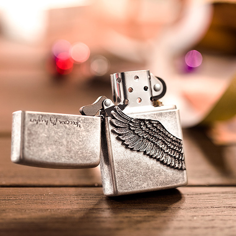 飞得更高打火机zippo定制古银黑冰蓝冰 天使之翼男士礼物煤油防风