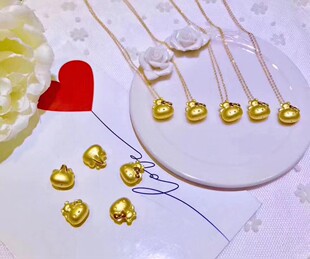 999足金 凯蒂KT猫黄金hello kitty猫头小熊项链吊坠女手工编制绳