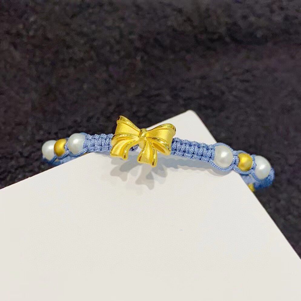 足金999蝴蝶结珍珠手链黄金在逃公主手工编制手绳情侣七夕礼物