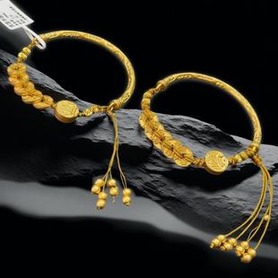 黄金五帝钱币五路财神吉言半镯编绳手链999足金可调节手镯女礼物