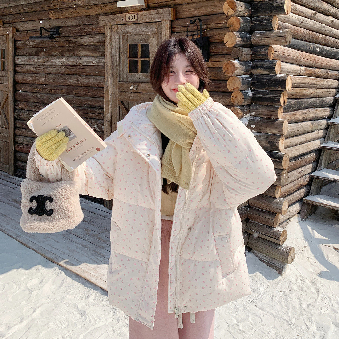 粉色甜美风中长款碎花连帽羽绒服女2025冬新款减龄保暖白鸭绒外套