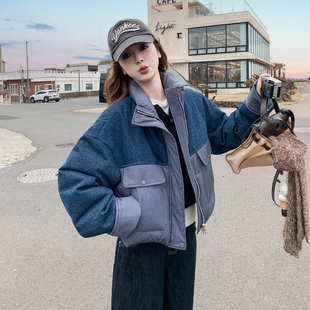 复古牛仔拼接短款羽绒服女2025冬季设计感立领宽松90白鸭绒厚外套