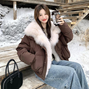 咖色皮草大毛领白鸭绒羽绒服女冬新款小个子高级感加厚短款外套