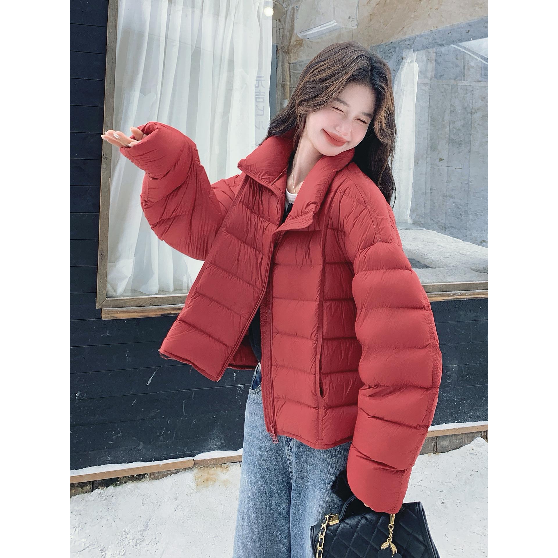 红色韩系短款轻薄排骨羽绒服女2025冬小个子洋气减龄90白鸭绒外套