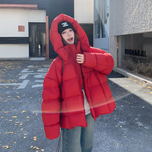 大红色短款连帽泡芙感羽绒服女2025冬季韩系洋气减龄90白鸭绒外套