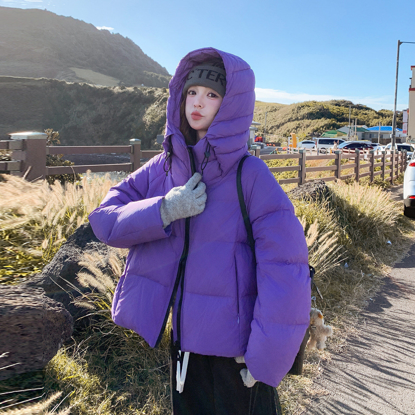 紫色小个子短款连帽羽绒服女2025冬季超好看减龄保暖90白鸭绒外套