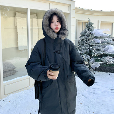 灰色大毛领羽绒服女中长款2025冬韩系复古牛角扣连帽90白鸭绒外套